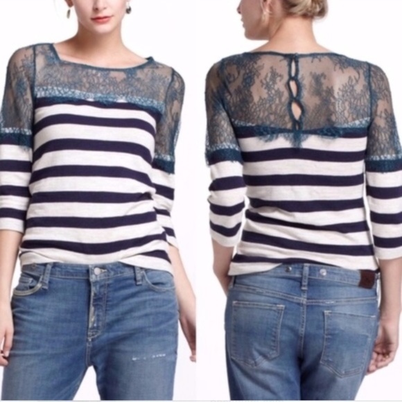 Anthropologie Tops - Anthropologie Deletta Striped Lace Top 3/4 Sleeve